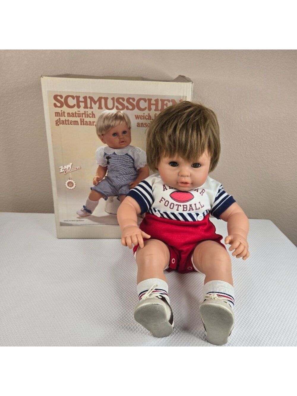 Vintage 80s Zapf Creations Baby Boy Doll Brunette Germany 26" Little New Born